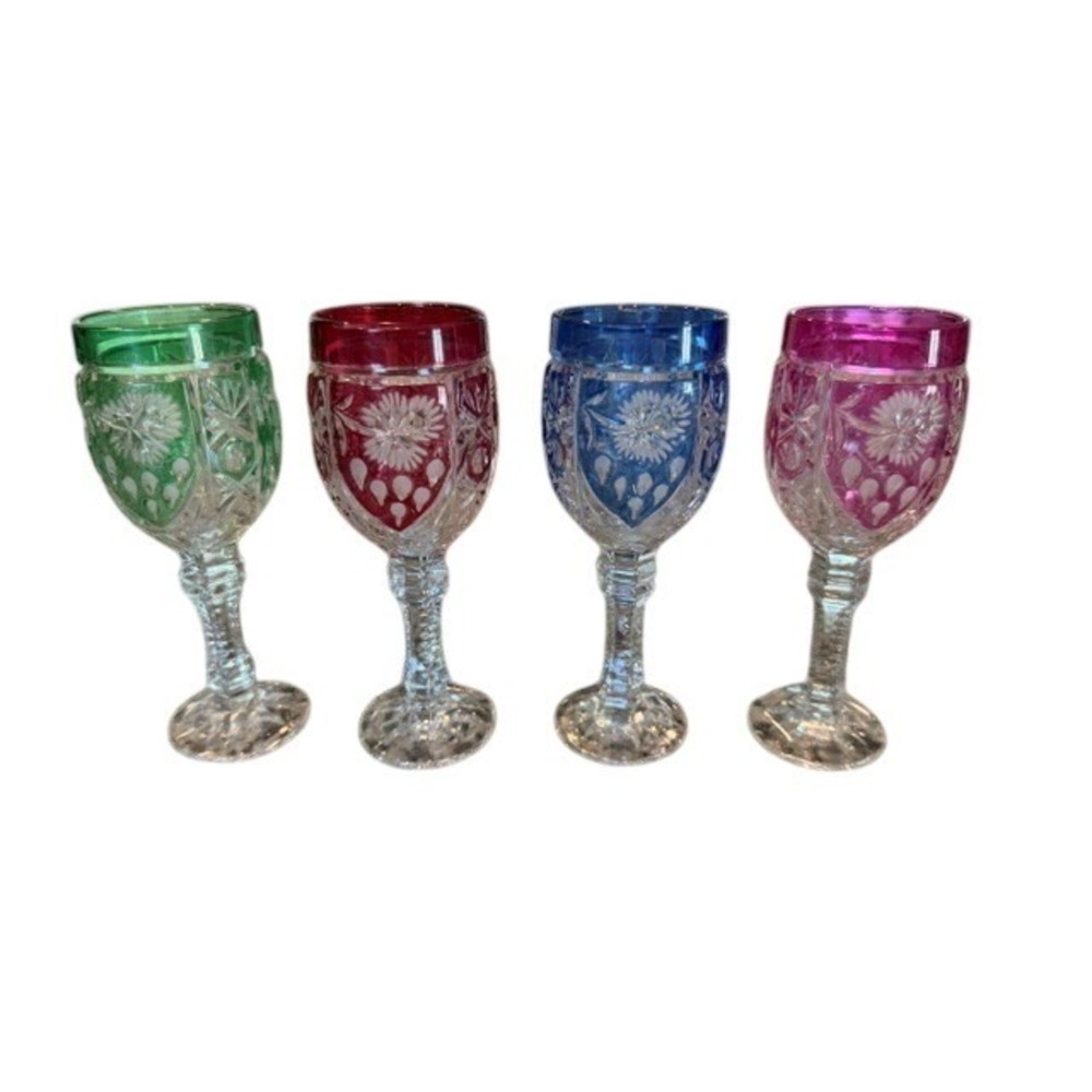 Vintage Bohemian Czech Flash Cut Crystal Cordial Glasses Ruby Blue Green Pink